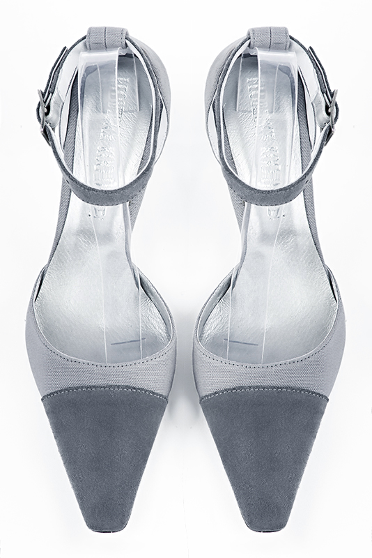 Mouse grey women's open side shoes, with a strap around the ankle. Tapered toe. High slim heel. Top view - Florence KOOIJMAN